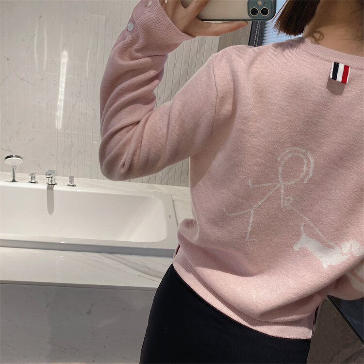 Korean Style High Quality Spot Autumn TB Four-bar Back Stickman Walking Dog Wool Knitted Round Neck Pullover Pink Top
