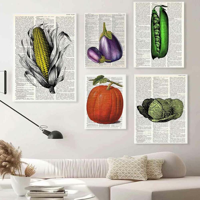 Sztuka Retro roślin płótno malarstwo słownik warzyw bakłażan rzodkiewka plakat artystyczny biuro salon dekoracja domu mural