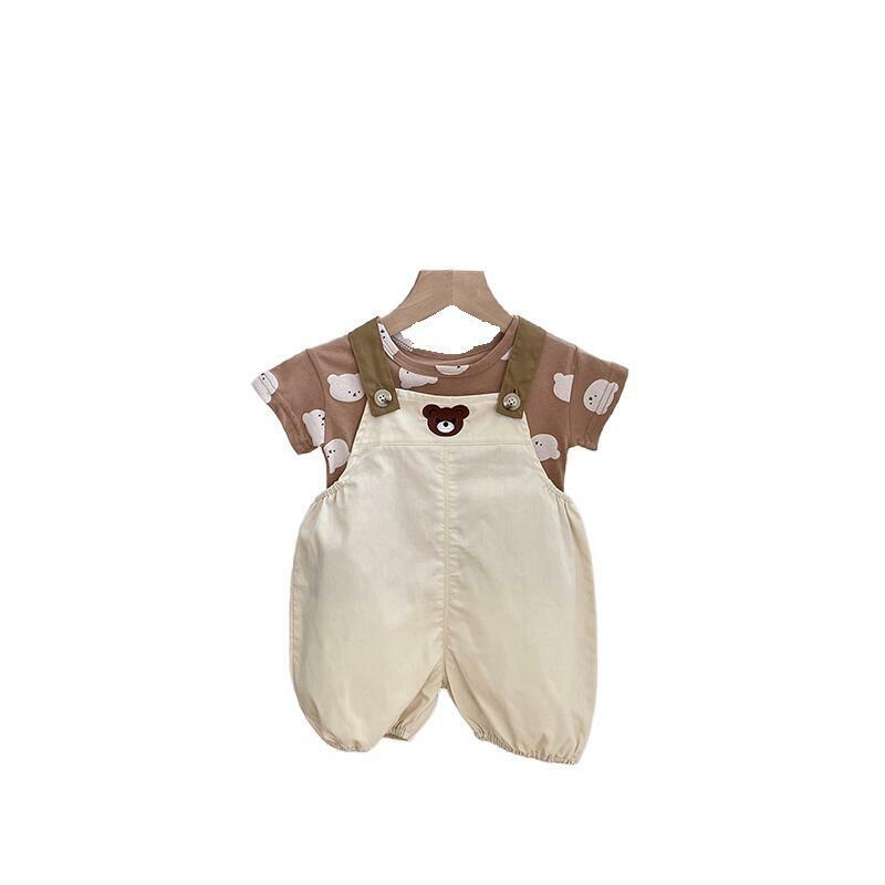 2022 verão novo conjunto de roupas do bebê crianças bonito urso impressão t camisas + macacão 2 pçs terno moda meninos macacão conjunto roupas da menina do bebê