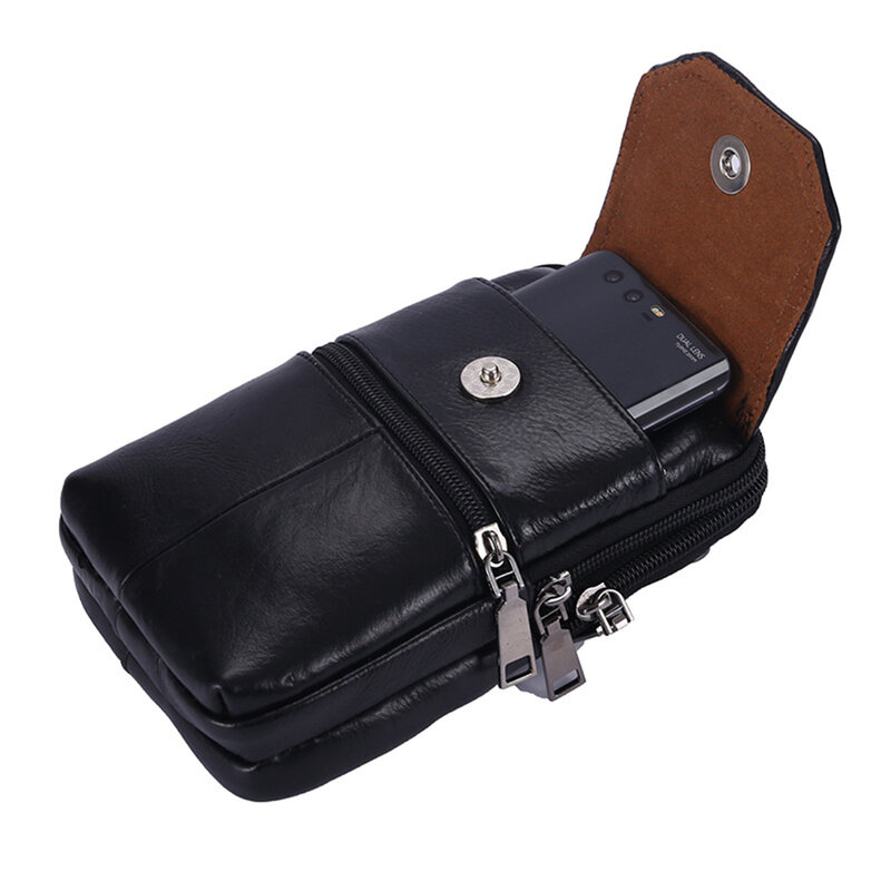 Multifunction Men Cowhide Leather Shoulder Bags Multi-layer Waterproof Male Zipper Phone Messenger Bag Pure Color Handbag