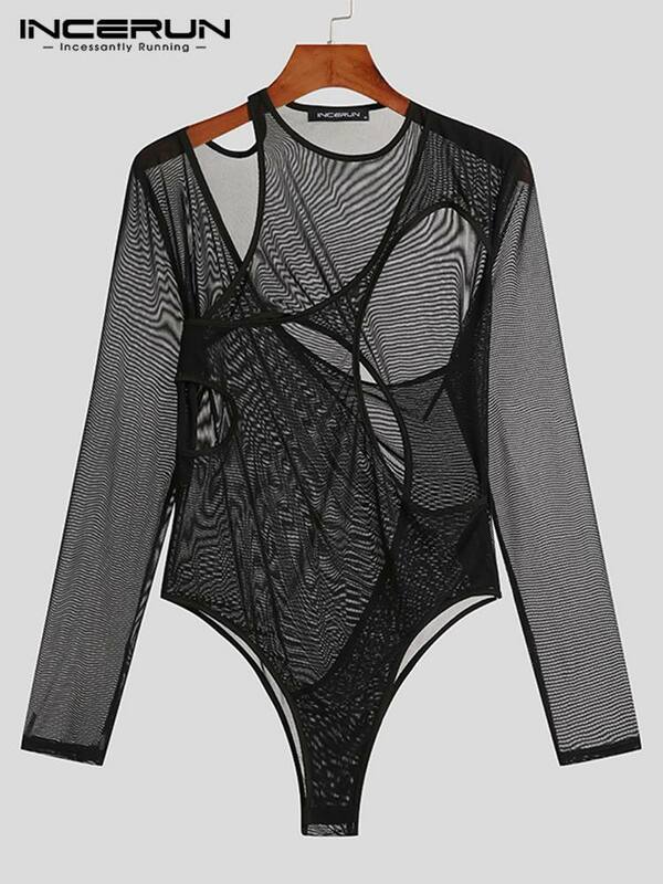 INCERUN Party Nightclub Style Men Long Sleeve Triangle Rompers See-through Mesh Sexy Patchwork Comfortable Bodysuits S-5XL 2022