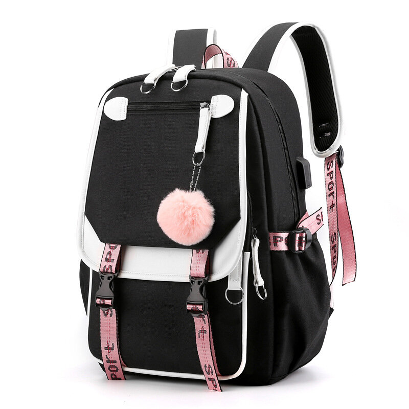 십대 배낭 블랙 핑크 소녀 학교 가방, 대용량 배낭 소년 소녀 패션 가방