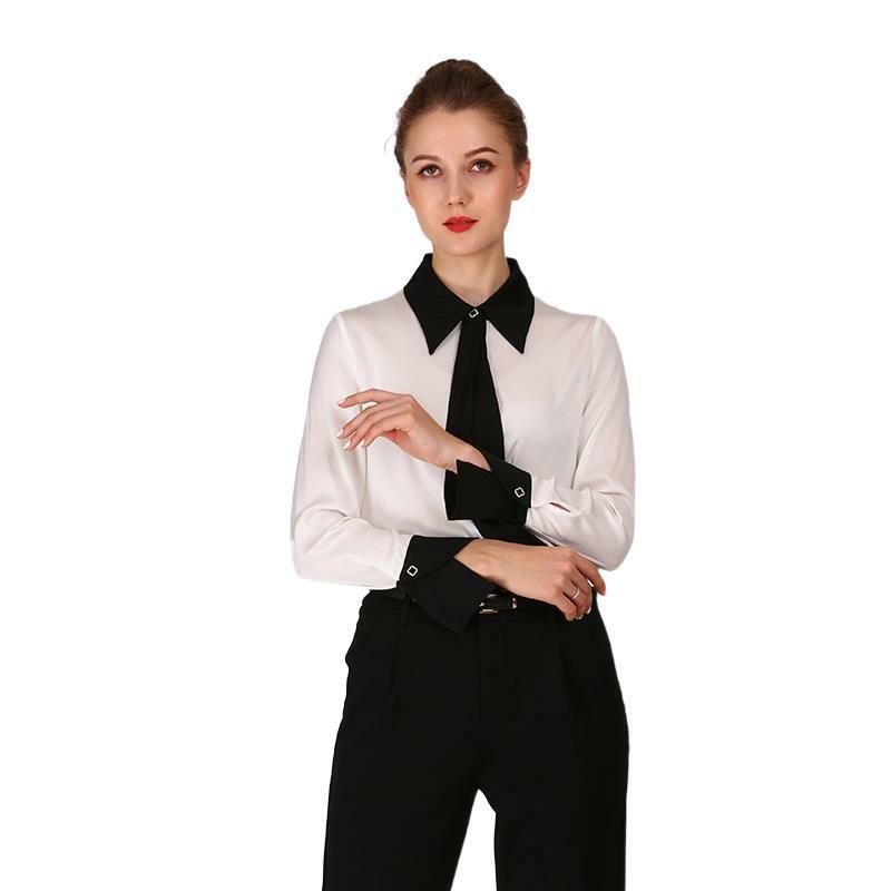 สุภาพสตรีหม่อนผ้าไหม Bow Tie เสื้อสำนักงาน Solid สไตล์เกาหลีเสื้อฤดูใบไม้ผลิฤดูร้อนแขนยาว Elegant Slim เส...