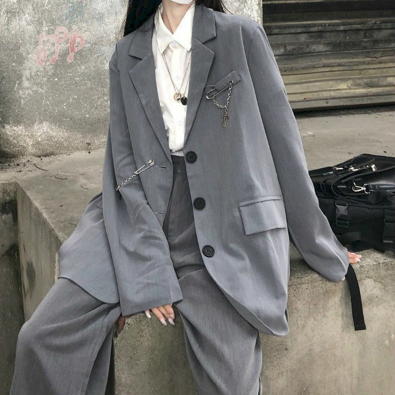 Conjuntos de 2 piezas para mujer, traje elegante gris, chaqueta de manga larga, pantalones de pierna ancha, pantalón informal, primavera y otoño