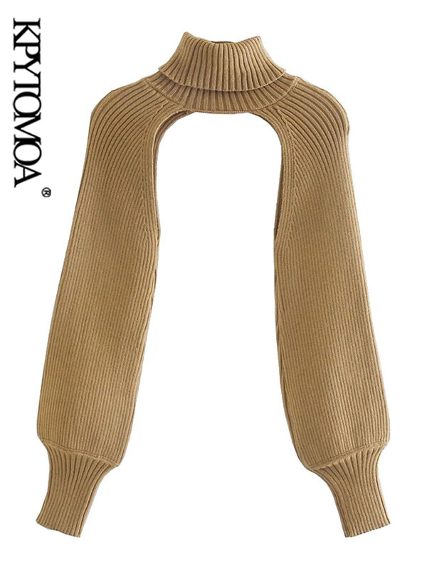 KPYTOMOA-Calentadores de brazo para mujer, suéter de punto Vintage de cuello alto, manga larga, Tops elegantes