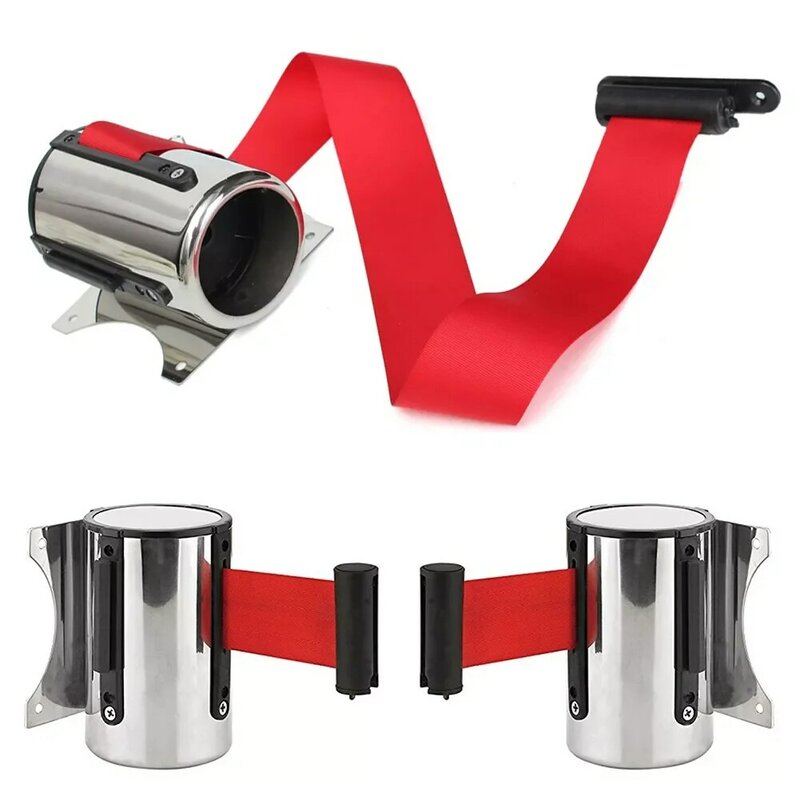 Retractable Ribbon Barrier Crowd Control Outdoor Stainless Steel Wall Mount Red Belt Sport Stanchion Queue 2m/3M/5m