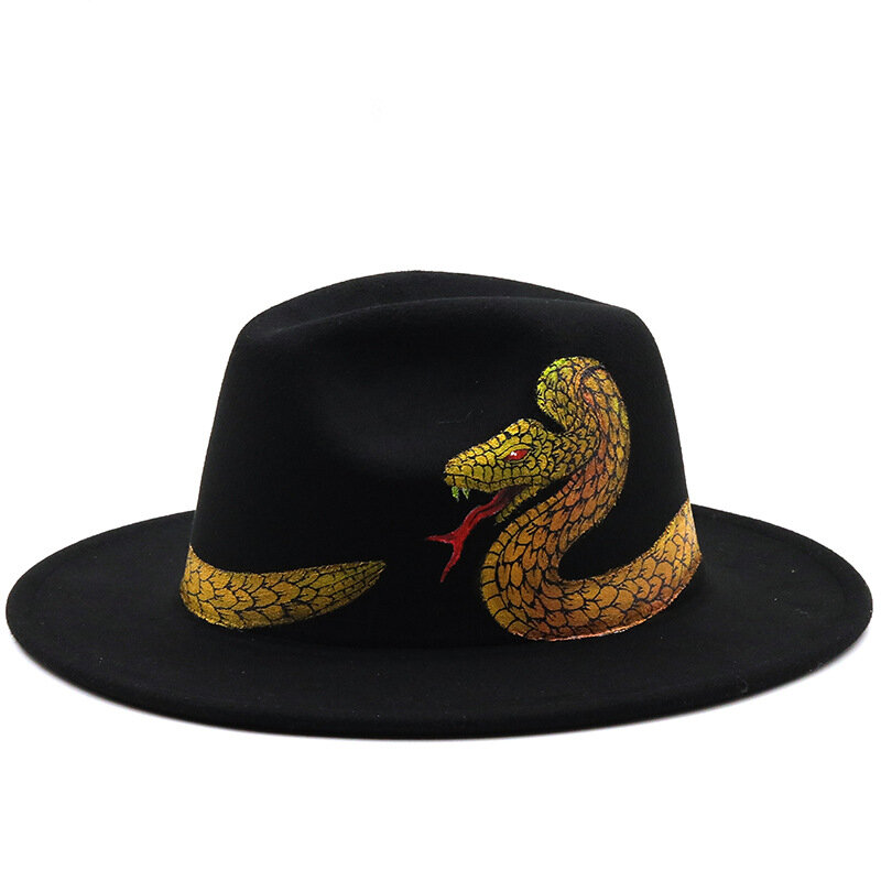 QBHAT – Chapeau en laine Dragon vert peint à la main, unisexe, à bord large et plat, chaud, Jazz, Fedora, Vintage, fête, Trilby