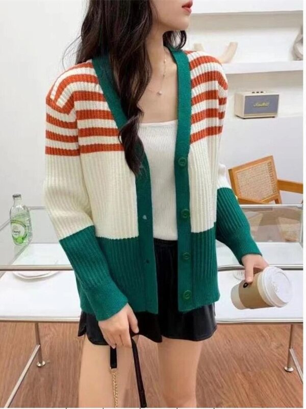 女性の韓国の長袖カーディガン,シンプルなストライプのセーター,Vネック,秋冬,2022コレクション