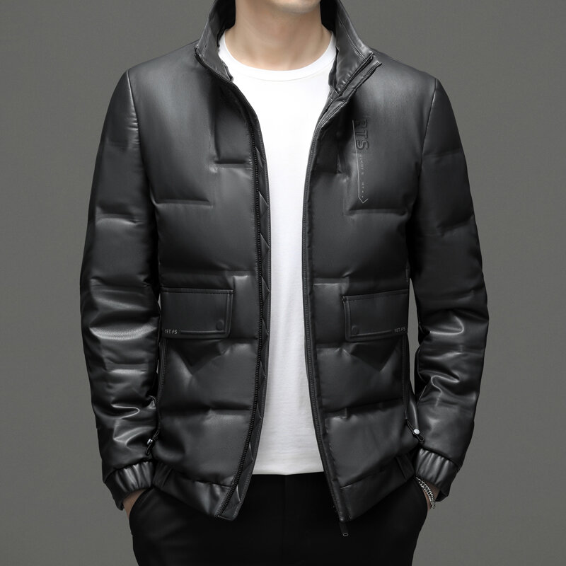 Winter Men 'S Down Jacket PU Leather Wind-Proof And Cold Protection Thick Warm Hooded Lapel White Duck Down Leather Coat