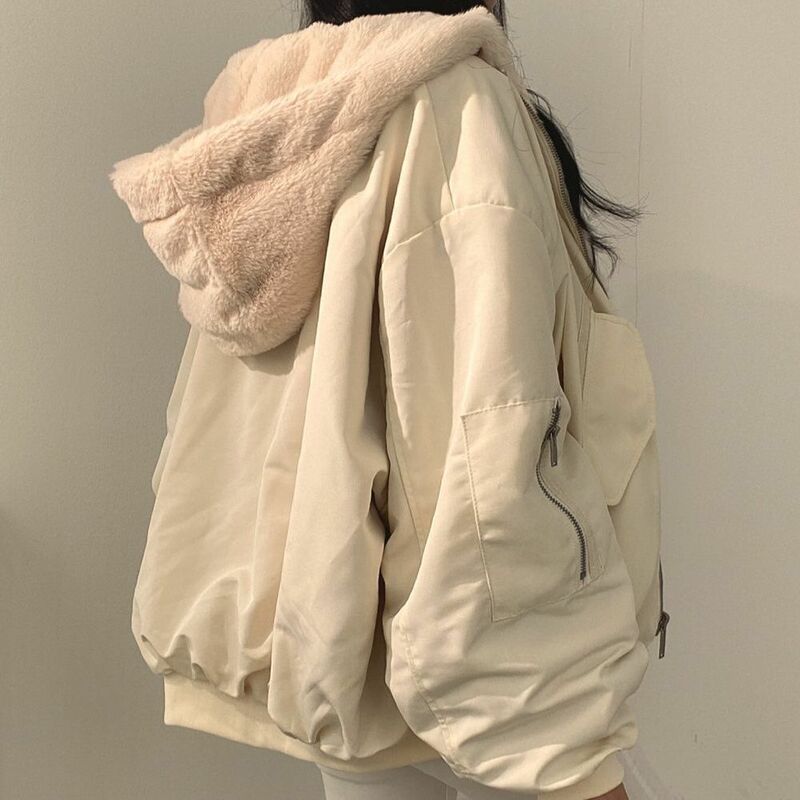 Cashmere engrossado cordeiro lã algodão vestido em ambos os lados casaco feminino novo inverno zip casaco de algodão com capuz