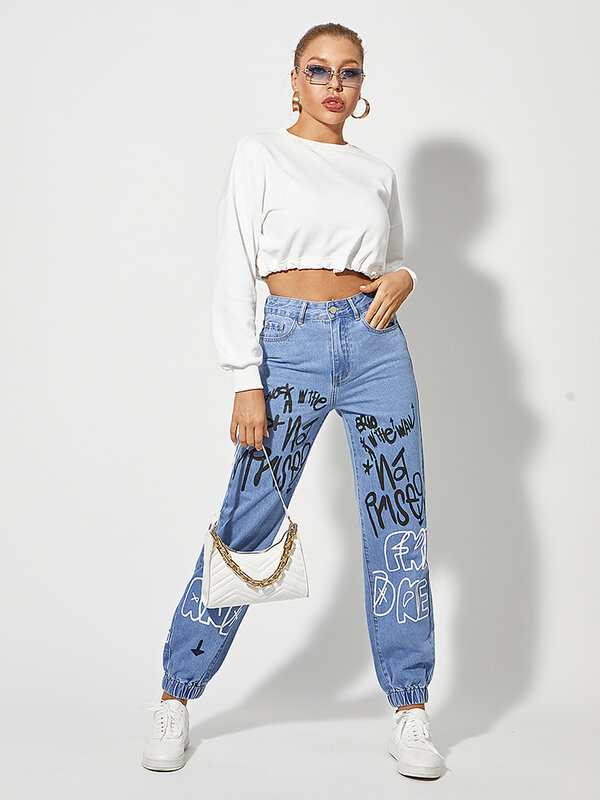 New Graphic Printed Jeans Women Y2K Fashion Letter Painted Tight Feet Track Pants Ladies High Rise Jogger Denim Trousers Casual
