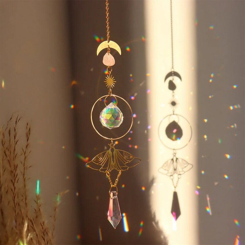 Crystal Wind Chime Butterfly Moth Prisms Metal Light Catcher Windbell Hanging Ornaments Window Curtain Pendant Home Garden Decor