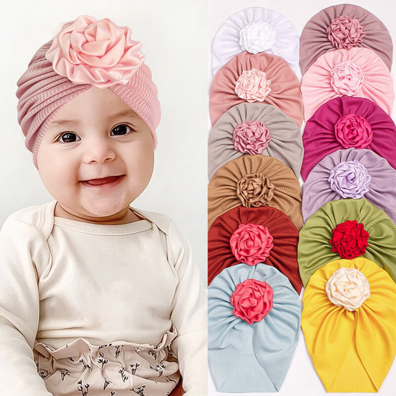 Uroczy kwiat czapki Turban z prążkowanym węzłem dla dziewczynek cienkie paski elastyczne czapki z maską noworodek 0-3T nakrycia głowy