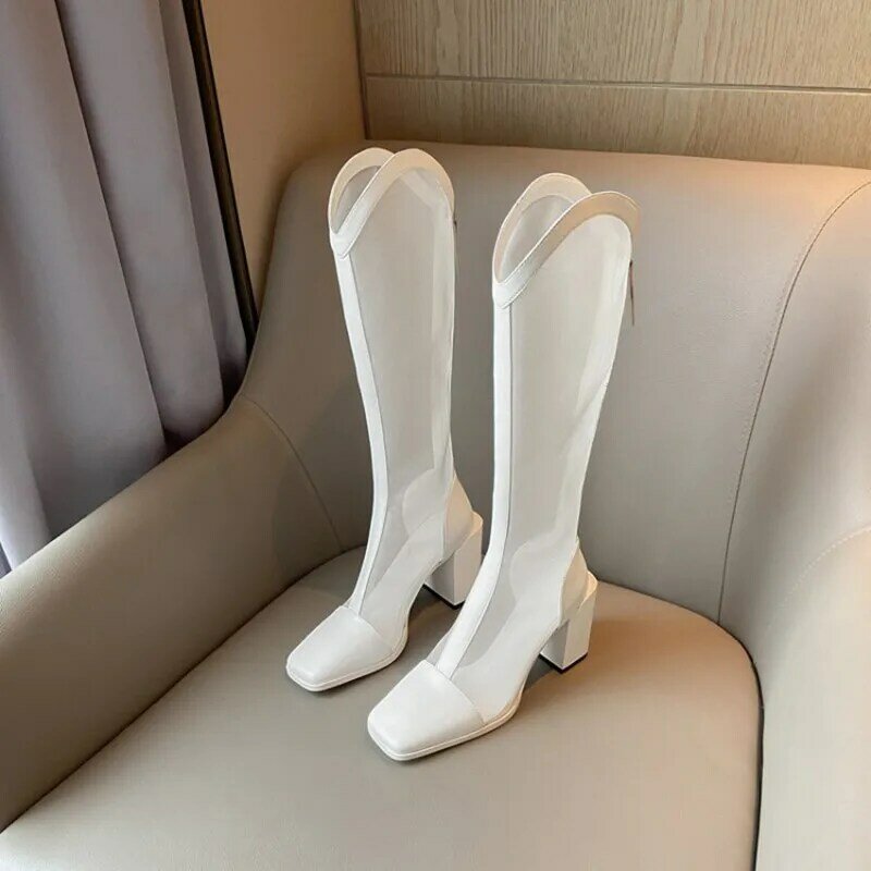 2022 gli stivali primaverili ed estivi mostrano sottili sandali a rete con tacco alto scarpe con tacco alto in pelle con punta quadrata e tacco spesso