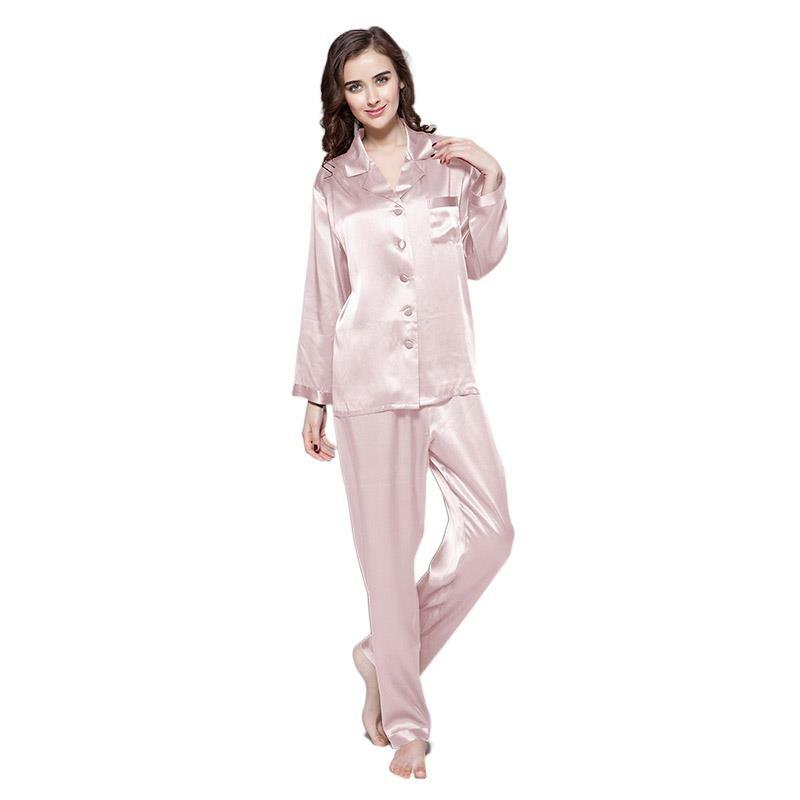 Lady 100% ผ้าไหมยาวแขนยาวชุดนอนชุดความยาวเต็ม22 Momme Mulberry Silk Pijama Feminino Leisure ชุดนอนทึบชุดนอน