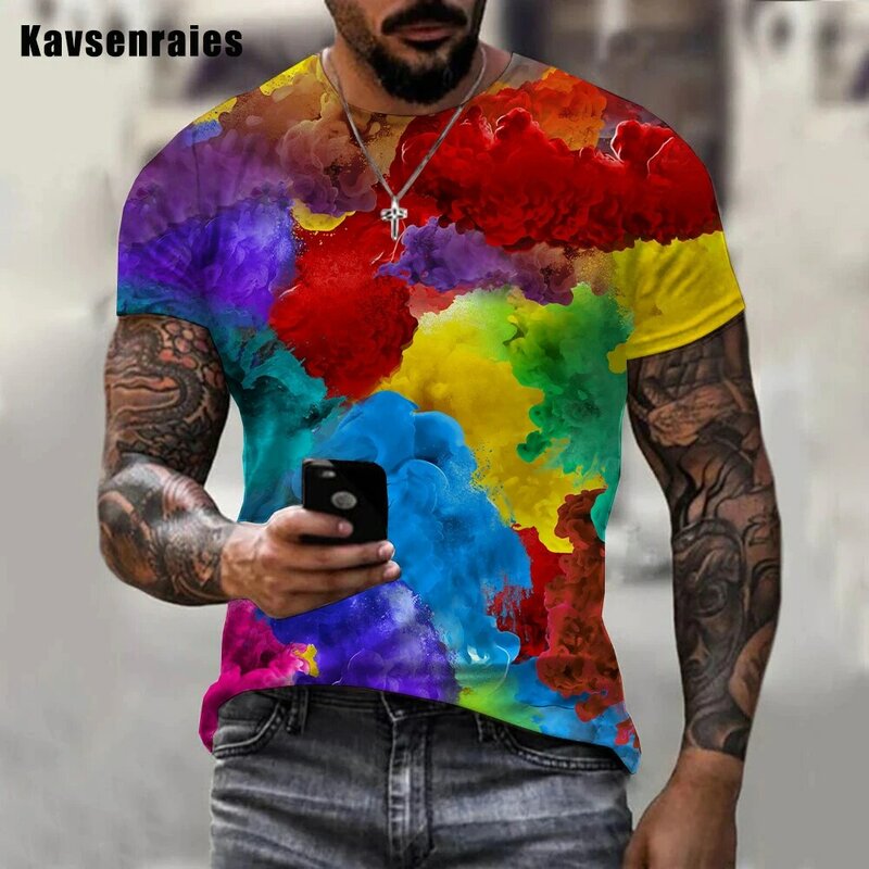 男性と女性のための高品質のレインボーペイントTシャツ,3Dカラーインクをプリントした大型原宿ストリート,2022コレクション