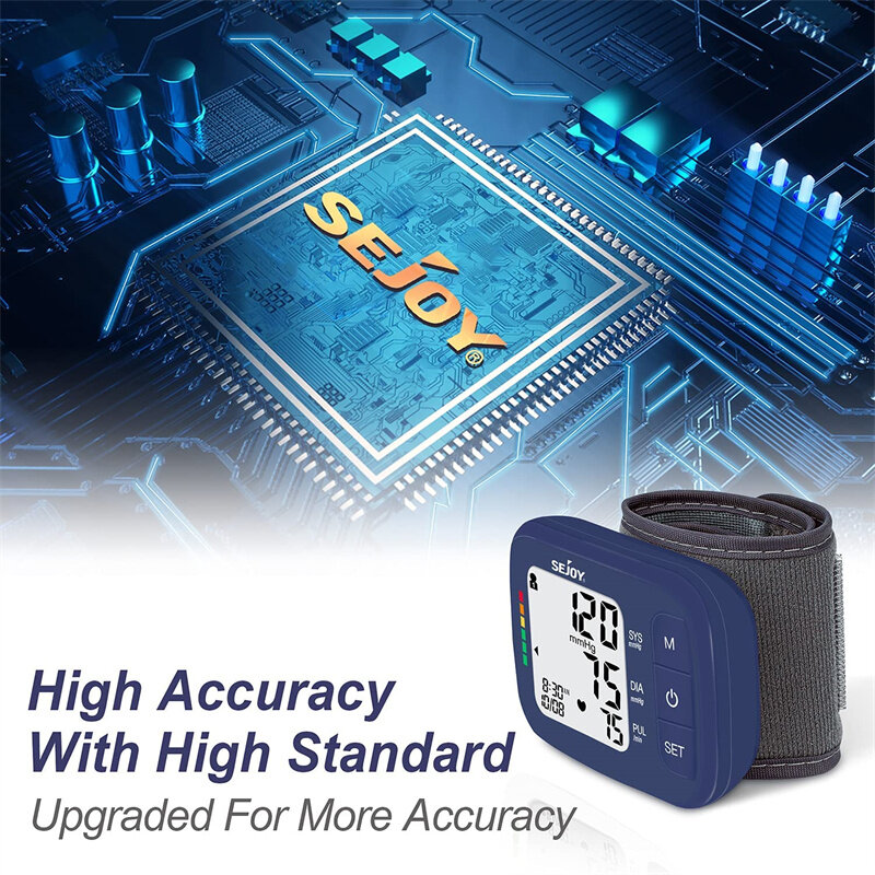 Sejoy-tonómetro automático azul, Monitor Digital de presión arterial, medidor de frecuencia cardíaca, esfigmomanómetro en la muñeca