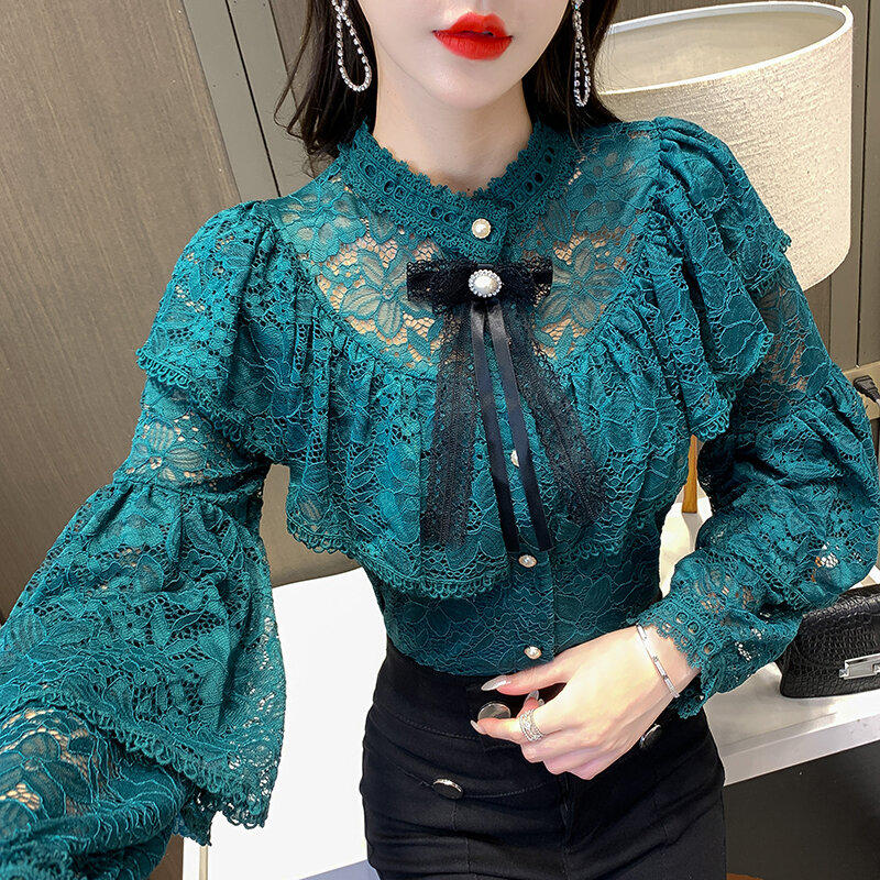 2022 New Spring Sweet Ruffles camicetta di pizzo colletto alla coreana da donna manica lunga elegante fiocco Vintage Fashion Office OL camicia Casual