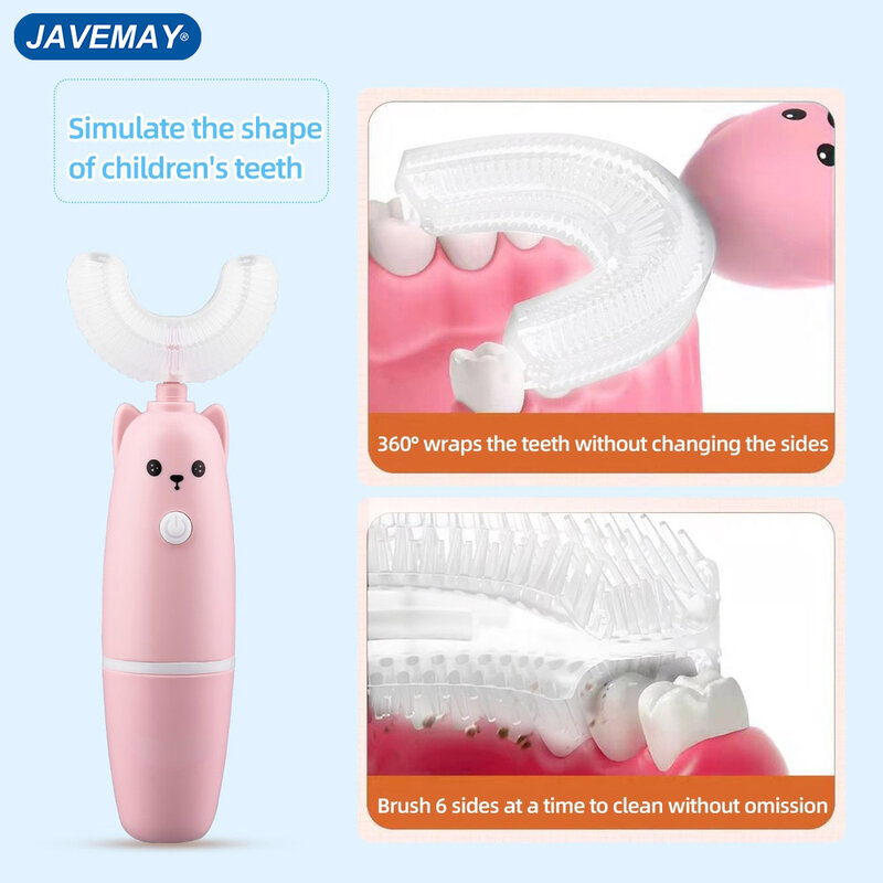 Cepillo de dientes eléctrico de silicona para niños, cepillo de dientes automático en forma de U, con batería, resistente al agua, J283