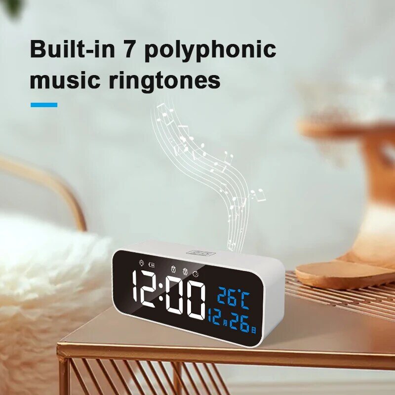 TIMESS 2022 Drahtlose Spiegel Wecker LED Mit Voice control Temperatur Feuchtigkeit Snooze USB Aufladbare Musik Tisch Uhr