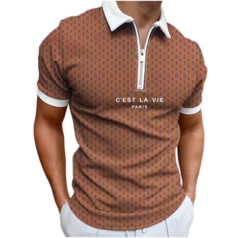 جديد الرجال إلكتروني الطباعة بولو قميص قصير الأكمام بدوره إلى أسفل طوق سستة بولو قميص للرجال ملابس غير رسمية الصيف الذكور بلايز
