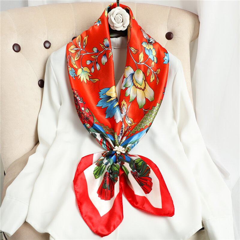 Foulard carré en soie en Satin pour femmes, Bandana, couvre-chef, imprimé Floral, cravate, châles musulmans, bandeau, 90x90cm