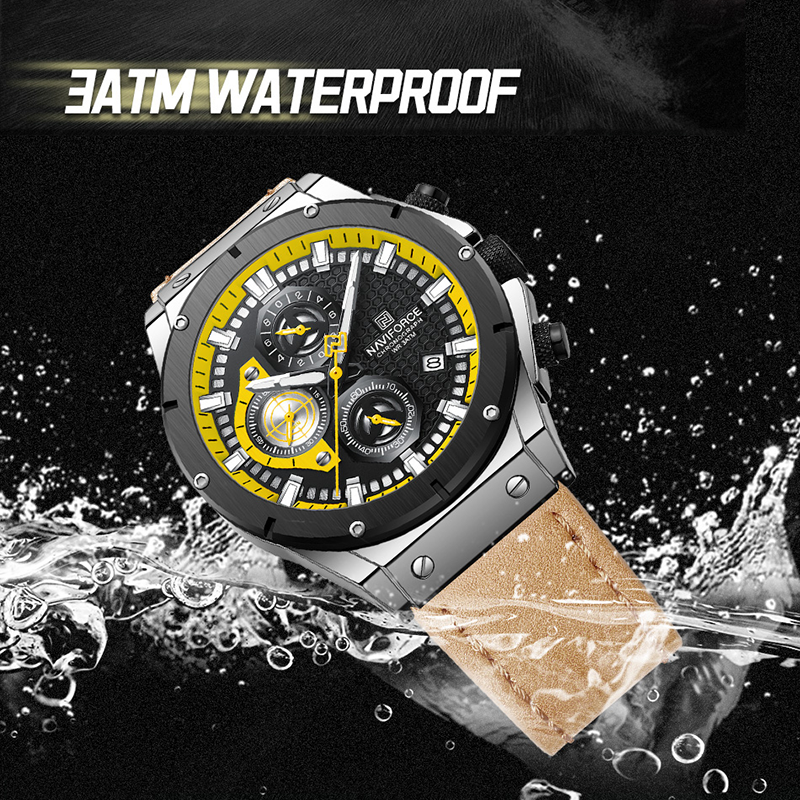 NAVIFORCE-Reloj de pulsera de cuarzo para hombre, cronógrafo de lujo, resistente al agua, con correa de cuero Vintage, luminoso