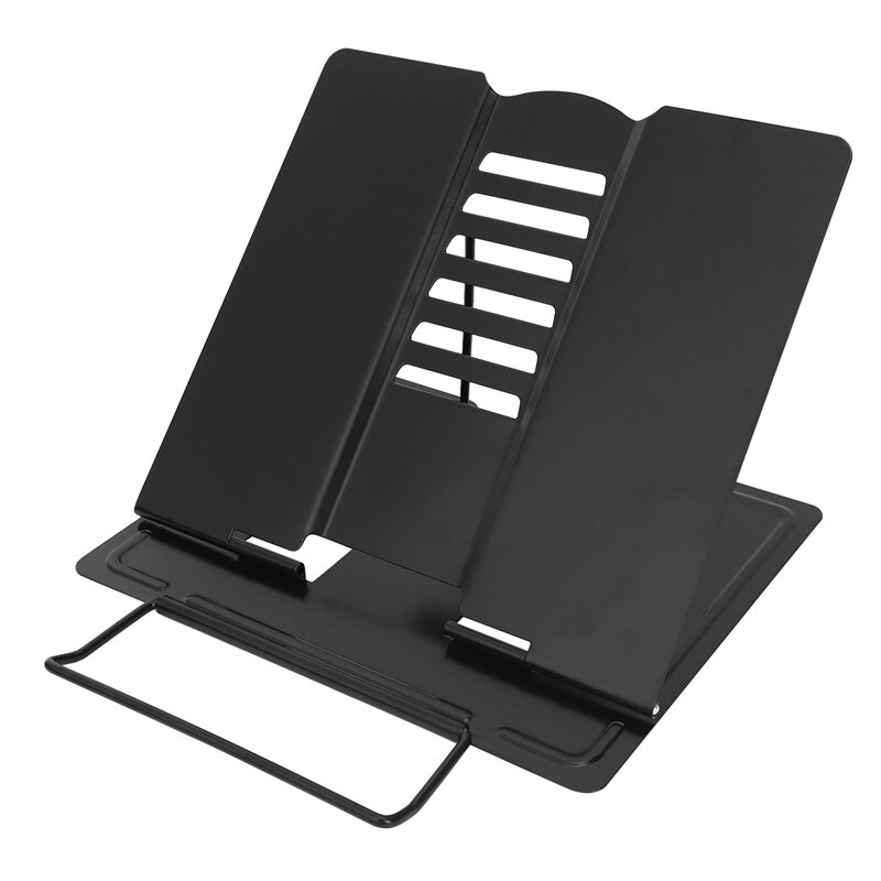 Suporte de livro de mesa metal leitura resto livro titular ângulo suporte ajustável suporte documento portátil resistente leve (preto)
