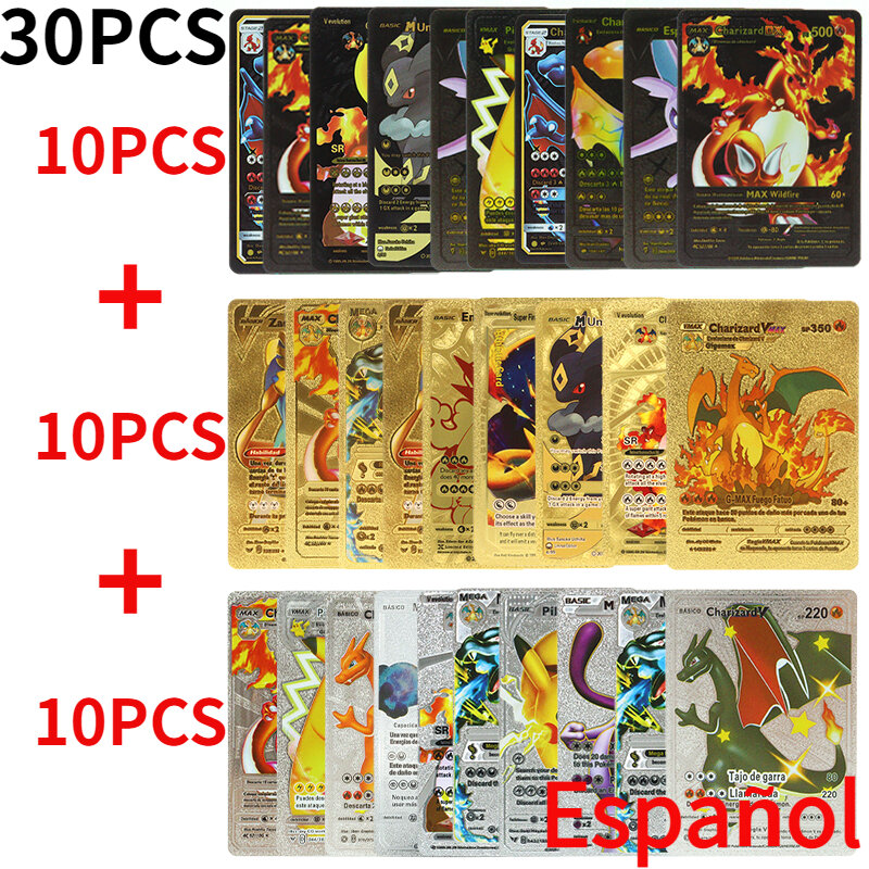 Pokemon Cards 15-81pcs Gold Silver Black English Spanish French German Vmax Pikachu Charizard Combination Collection Cards Gift