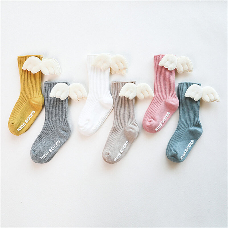 Симпатичные носки для малышей с крыльями ангела Нескользящие мягкие однотонные для новорожденных малышей хлопковые носки для пола осенние...
