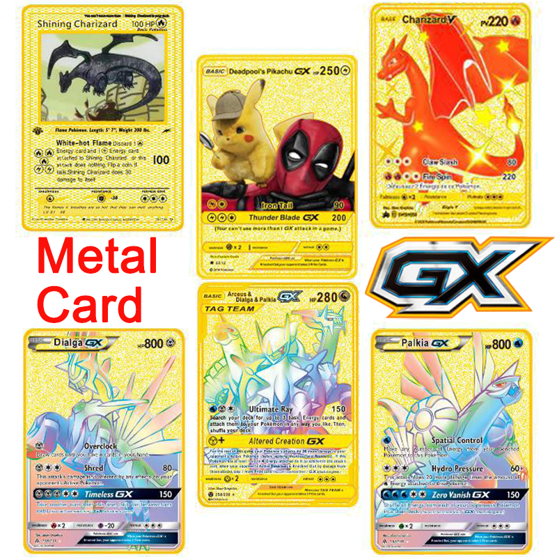 Kartu asli Anime Pokemon Pikachu, Arceus, bersinar, kartu koleksi logam emas pelangi, kartu latihan Gx Vmax