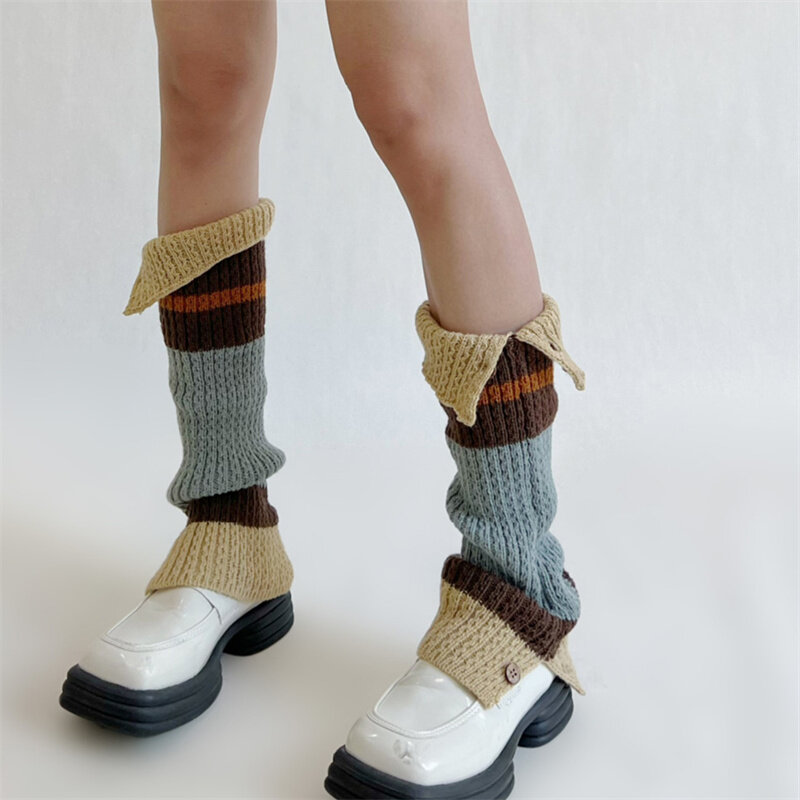 New Retro Leg Warmers Winter Button Opening Y2K Harajuku Hot Girl Japanese Contrast Color Pile Knitted Long Socks