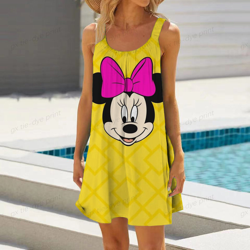 Disney minnie mickey mouse 2000s kawaii estética em torno do pescoço sem mangas estilingue floral impressão verão vestido feminino praia estilingue femme