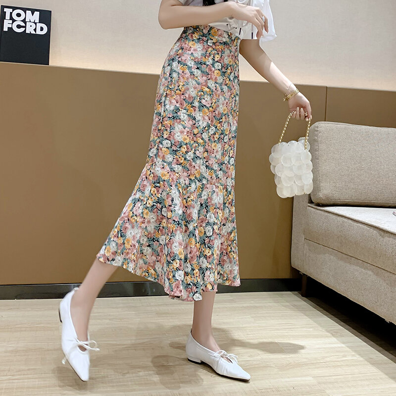 Wisher & tong feminino sereia saia de altura cintura longa saias florais elegante moda coreana chiffon midi saia 2022 primavera verão