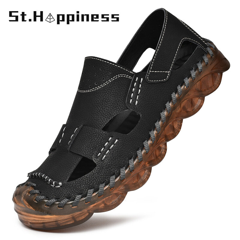 2022 New Summer Men's Leather Roman Sandals Luxury Brand Handmade Sandals Fashion Casual Beach Outdoor Walking Slippers Big Size