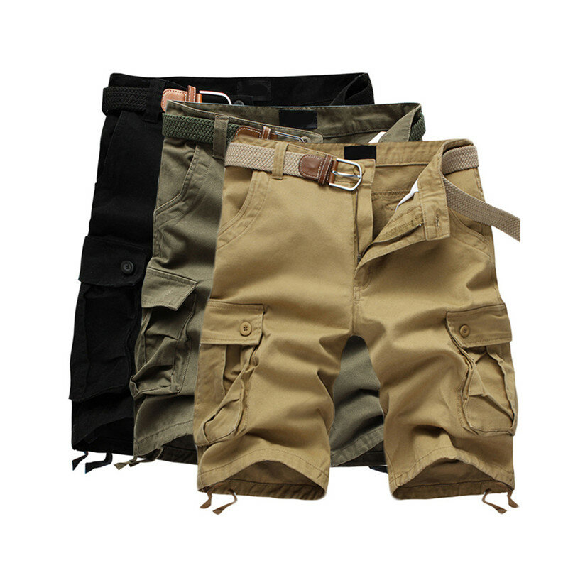 Pantalones cortos de algodón para hombre, Shorts masculinos con bolsillos Cargo, estilo militar, informales, a la altura de la rodilla, para verano