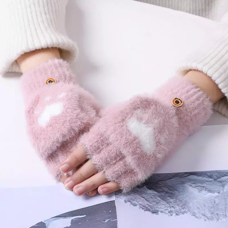 Mink ถุงมือน่ารัก Cat Claw ฤดูหนาว Warm Touchscreen Gloves ผู้ชายผู้หญิง Fluff Fingerless Flip ถุงมือถักถุงมือถุงมือ