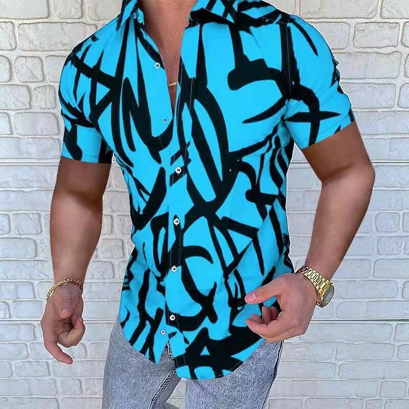 Pakaian Pria Kemeja Sosial Mewah Kemeja Mode Kasual Pria Huruf Cetak Kamisol Streetwear Kardigan Kemeja Lengan Pendek