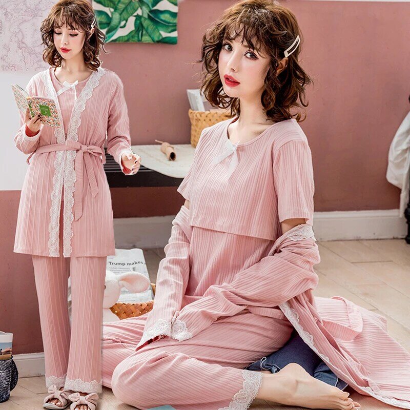 8220# 3 PCS Set Printed Cotton Maternity Nursing Nightwear Spring Fashion Sleepwear for Pregnant Women Autumn Pregnancy Pajamas