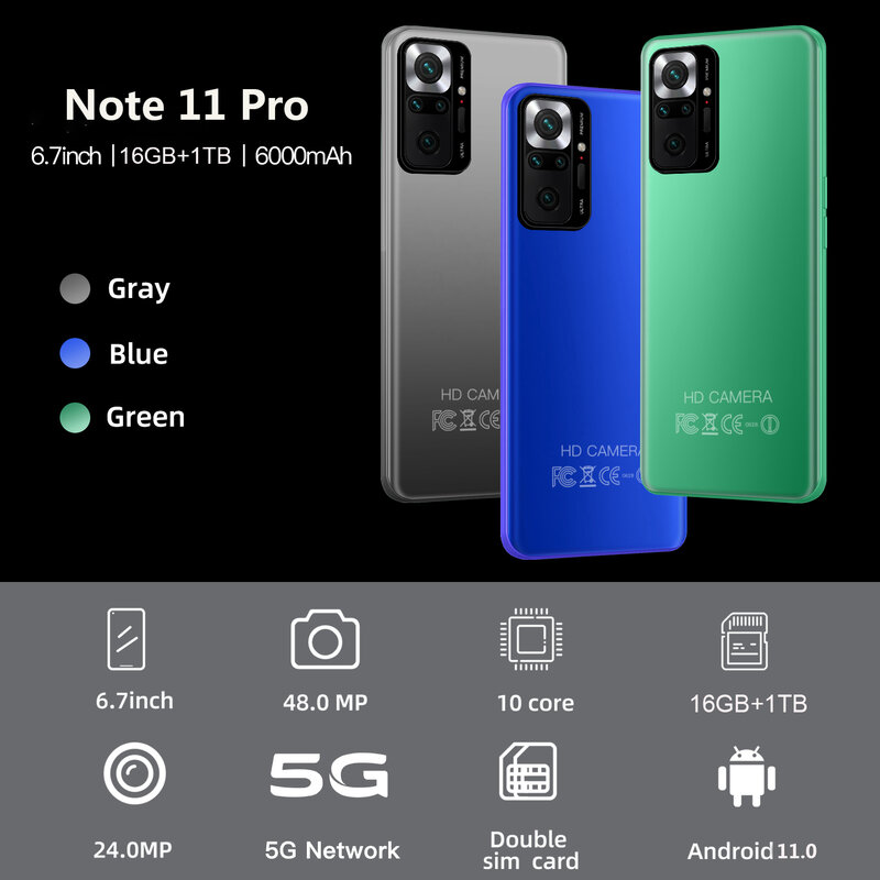 World Premiere Note 11 Pro Smartphone Global Version 6.7 Inch 6000mAh Battery 16GB+1TB Mobile Phones 5G Unlocked Phone Android