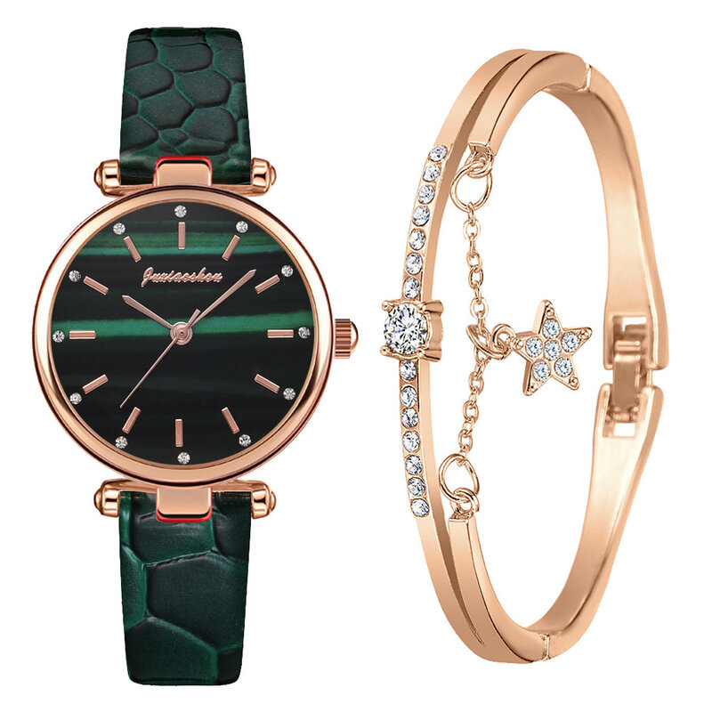 Verde minimalista com relógio de cristal para as mulheres moda pulseira conjunto relógios das senhoras wirstwatch rosa ouro relogio feminino novo