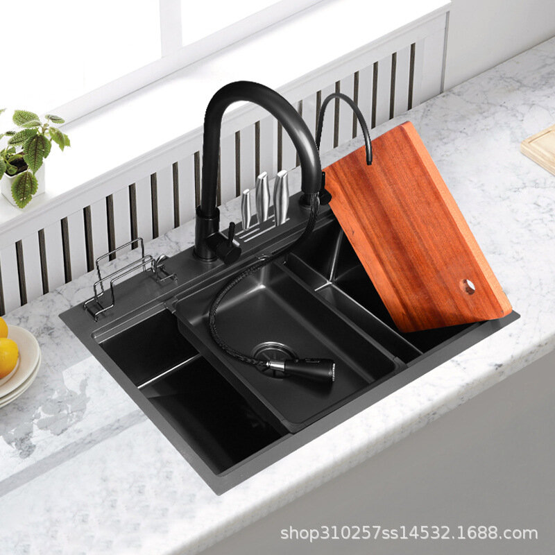 أسود نانو حوض الفولاذ المقاوم للصدأ 304 المطبخ حوض غسيل الأطباق متعددة الوظائف دليل كبير حوض واحد حوض المطبخ بالوعة