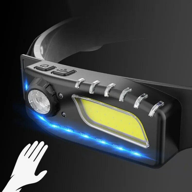 Potente linterna frontal LED con 8 modos de interruptor, luz roja/luz azul/luz blanca, recargable por USB, resistente al agua