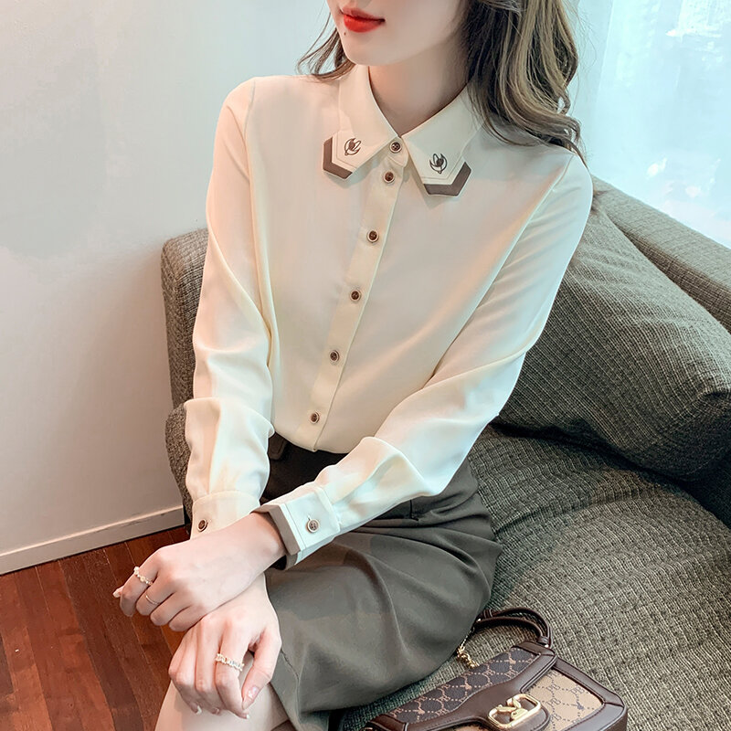 Shirt Vrouwen 2022 Lente Solid Apricot Lange Mouwen Elegant Office Dames Geborduurde Kraag Chiffon Vrouwelijke Top Mujer Button Up