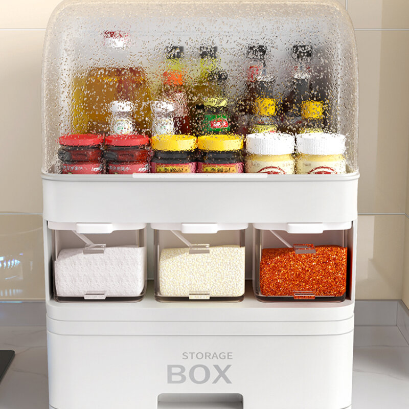 Dustproof cozinha spice rack multifuncional tempero caixa de armazenamento itens de cozinha acessórios de cozinha organizador