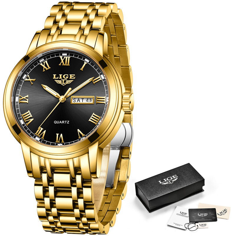 LIGE 2022 Top ยี่ห้อ Luxury Mens นาฬิกาสแตนเลสกันน้ำส่องสว่างนาฬิกาควอตซ์ผู้ชายวันที่ปฏิทินนาฬิกาข้อมือ