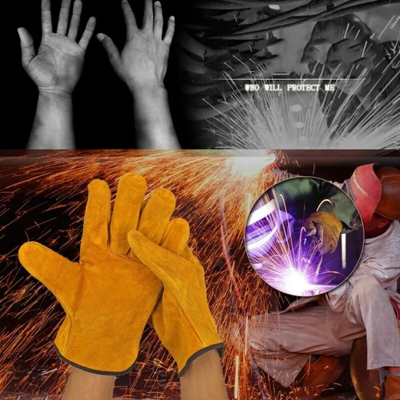 Sepasang/Set Sarung Tangan Tukang Las Kulit Sapi Kuning Tahan Api Sarung Tangan Keselamatan Kerja Antipanas untuk Pengelasan Alat Tangan Logam