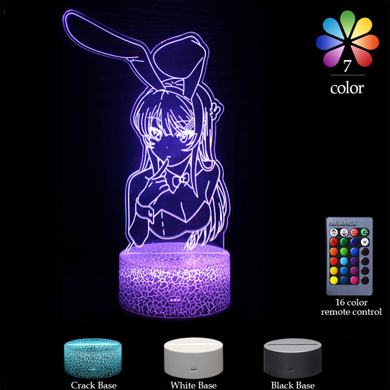 Rascal은 토끼 소녀 Senpai3D 책상 램프 LED 다채로운 터치 원격 제어, 크리에이티브 야간 조명, 방 조명 장식