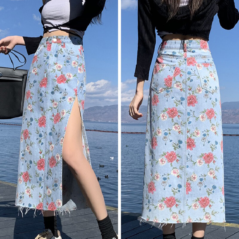Wisher&Tong Floral Print Denim Skirt High Waist Side Split A-line Jeans Skirt 2022 Spring Summer Korean Women Midi Long Skirts