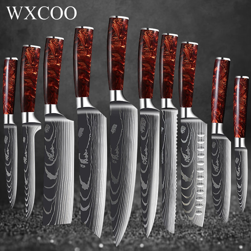Juego de cuchillos de Chef con patrón de Damasco láser, afilados, japoneses, 7CR17, 440C, para deshuesar, Santoku